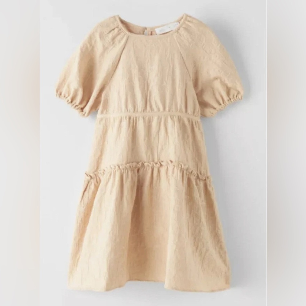 ZARA GIRLS BOW TRIM JAQUARD DRESS BEIGE-PINK SZ 7 - NWOT